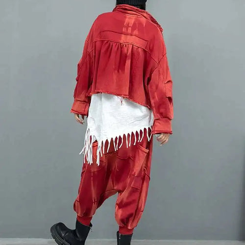 Load image into Gallery viewer, Big Size Red Short Jacket Pocket Cross Pants Two Piece Suit New Lapel Long Sleeve Women Fashion Tide Spring Autumn 2025
