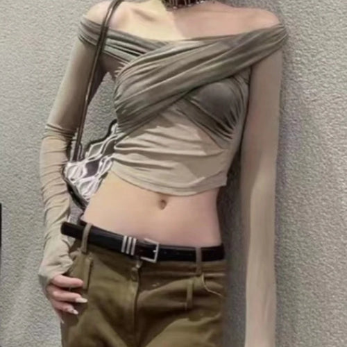 Load image into Gallery viewer, Vintage Slim Women Pleated Long Sleeve T-shirt Sexy Y2k Aesthetic Cross Irregular Tshirts Fashion Hollow Out Trend Chic Crop Top
