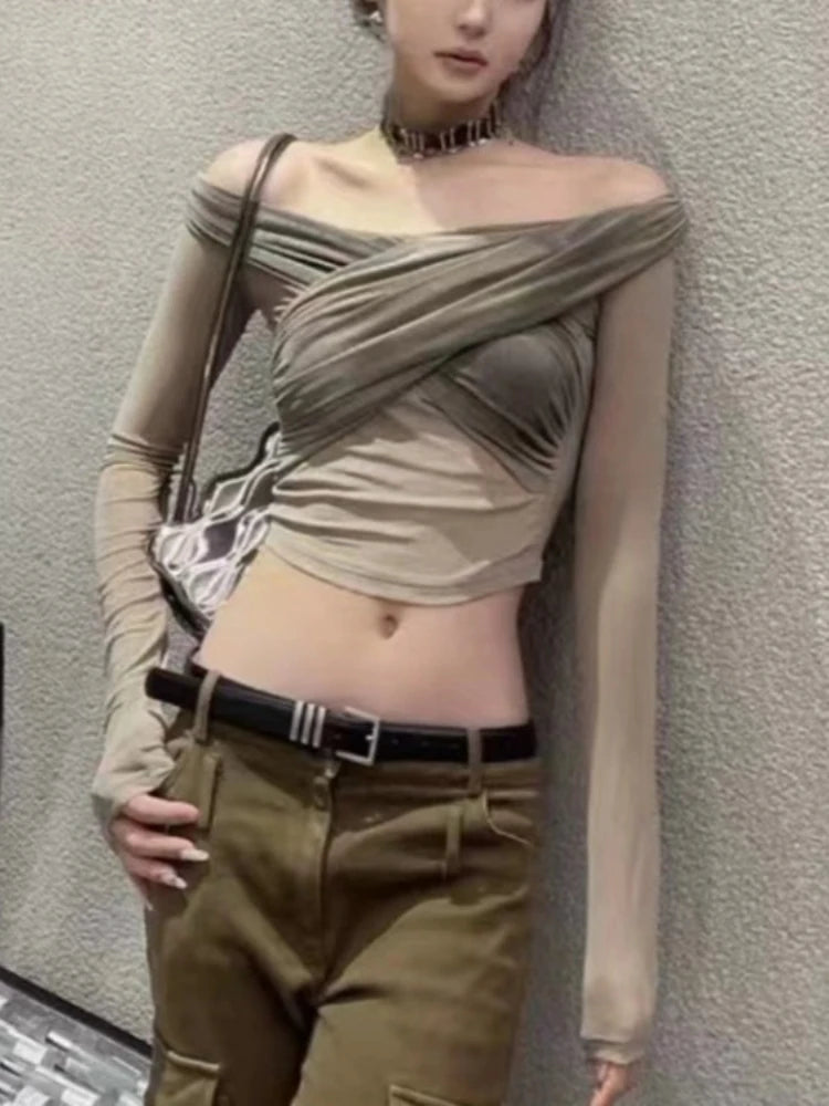 Vintage Slim Women Pleated Long Sleeve T-shirt Sexy Y2k Aesthetic Cross Irregular Tshirts Fashion Hollow Out Trend Chic Crop Top