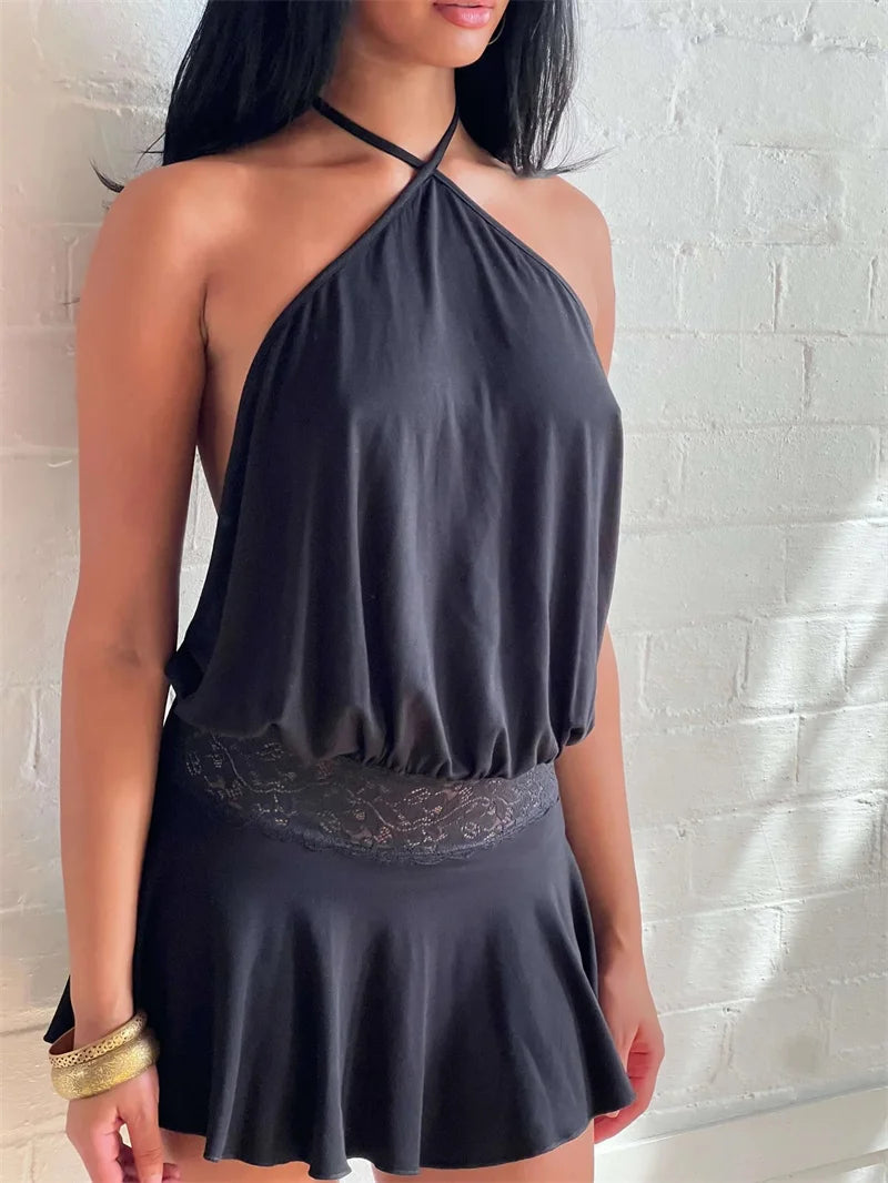 Halter Backless Sexy Mini Dress Women Robe Fashion Summer New Lace Patchwork Sleeveless Pleated Ruffled Club Dress