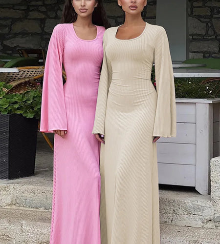 Ribbed Lace-up Long Sleeve Maxi Dress For Women 2023 Autumn Winter New Fashion Solid Bodycon Long Dress Elegant