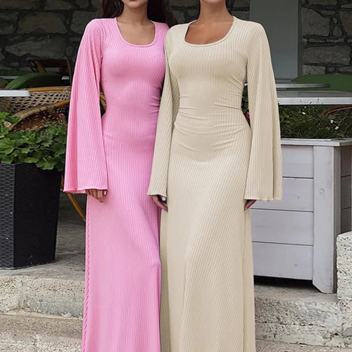 Load image into Gallery viewer, Ribbed Lace-up Long Sleeve Maxi Dress For Women 2023 Autumn Winter New Fashion Solid Bodycon Long Dress Elegant
