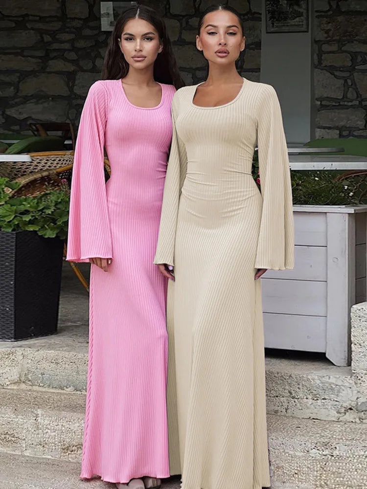 Ribbed Lace-up Long Sleeve Maxi Dress For Women 2023 Autumn Winter New Fashion Solid Bodycon Long Dress Elegant