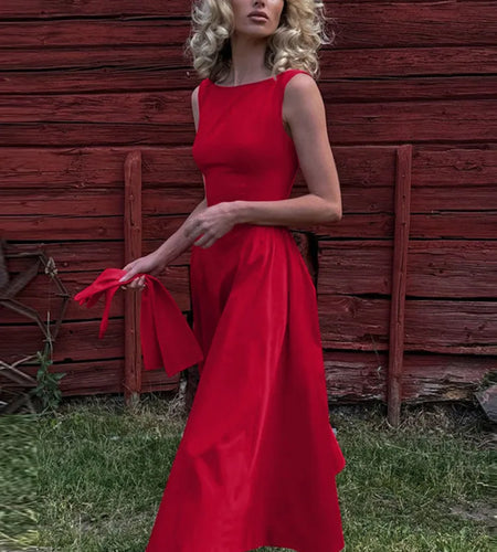 Backless A-line Maxi Dress For Women Fashion Solid O Neck Sleeveless Long Dress Ladies Gown High Waist Tank Dresses