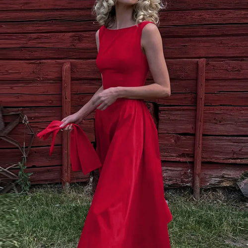 Load image into Gallery viewer, Backless A-line Maxi Dress For Women Fashion Solid O Neck Sleeveless Long Dress Ladies Gown High Waist Tank Dresses
