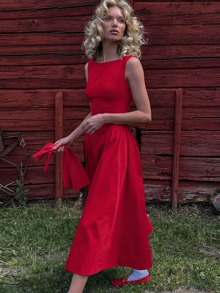 Backless A-line Maxi Dress For Women Fashion Solid O Neck Sleeveless Long Dress Ladies Gown High Waist Tank Dresses