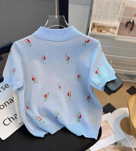 Vintage Women's Sweet Elegant Blue Print Short-sleeved Button Tops Summer New Polo Collar Festival Knitted T-shirt Popular Trend