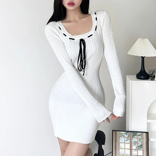 Load image into Gallery viewer, Korean Fashion Basic Sweet Knitted Sweater Dress Women Twisted A-Line Autumn Dresses Front Tie-Up Square Neck Casual
