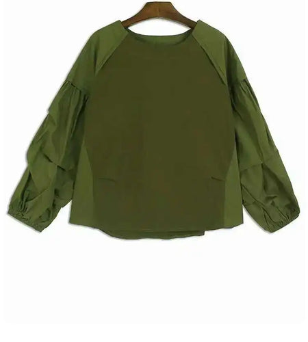 Women Green  Color-block Big Size T-shirt New Round Neck Long Lantern Sleeve Fashion Tide Spring Autumn 2025 1DH6792