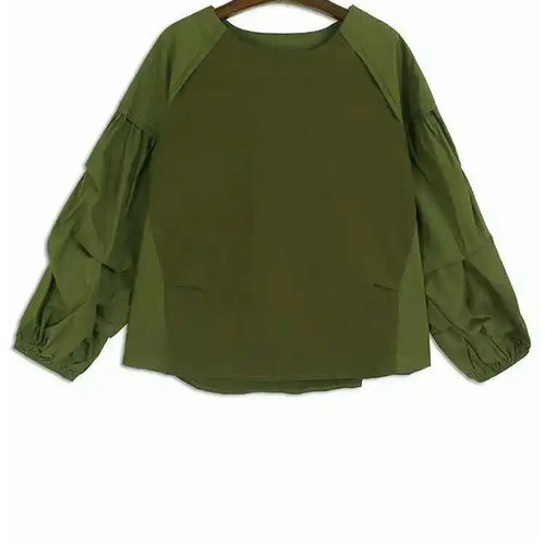 Load image into Gallery viewer, Women Green  Color-block Big Size T-shirt New Round Neck Long Lantern Sleeve Fashion Tide Spring Autumn 2025 1DH6792
