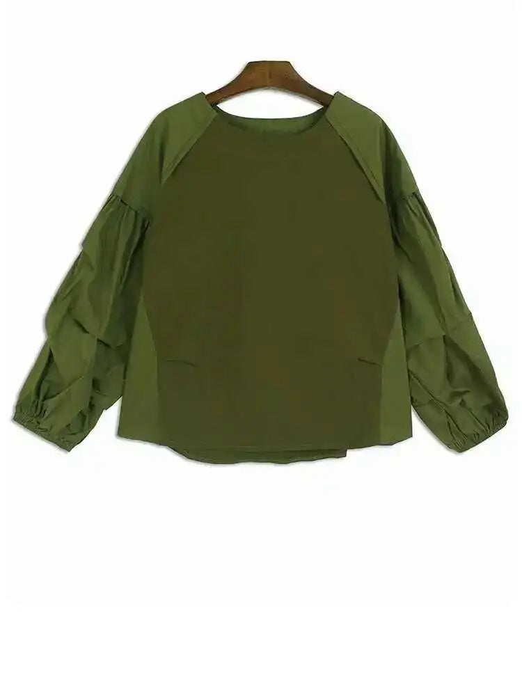 Women Green  Color-block Big Size T-shirt New Round Neck Long Lantern Sleeve Fashion Tide Spring Autumn 2025 1DH6792