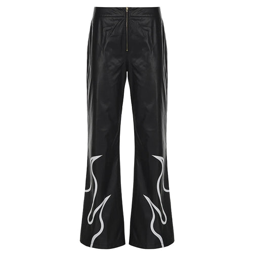 Load image into Gallery viewer, Streetwear Chic Low Waist Leather Pants Elegant Fashion Flame Embroidery Boot Cut Flare Trousers Chic Party Clothing
