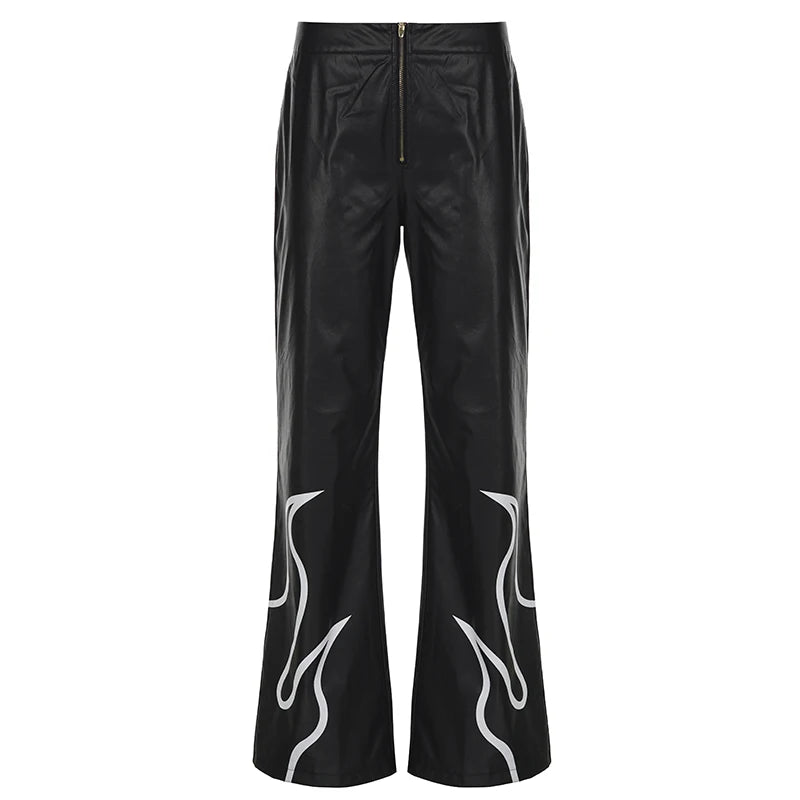 Streetwear Chic Low Waist Leather Pants Elegant Fashion Flame Embroidery Boot Cut Flare Trousers Chic Party Clothing