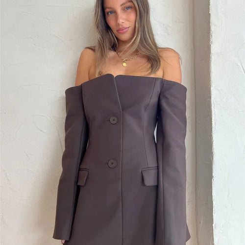 Load image into Gallery viewer, Off-shoulder Strapless Sexy Blazer Dress For Women Fashion Solid Zipper Two Pocket Long Sleeve Backless Mini Dress
