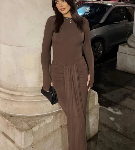 Ruched Draped Sexy Maxi Dress For Women Fashion O Neck Long Sleeve Bodycon Club Party Long Dress Female Elegant Dresses