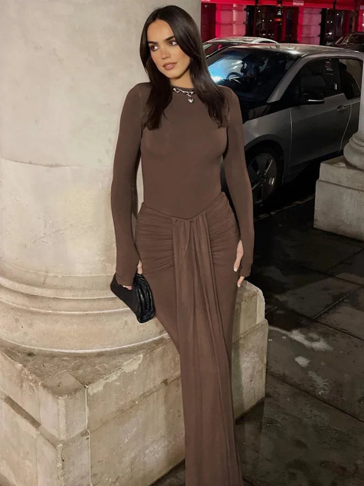 Ruched Draped Sexy Maxi Dress For Women Fashion O Neck Long Sleeve Bodycon Club Party Long Dress Female Elegant Dresses