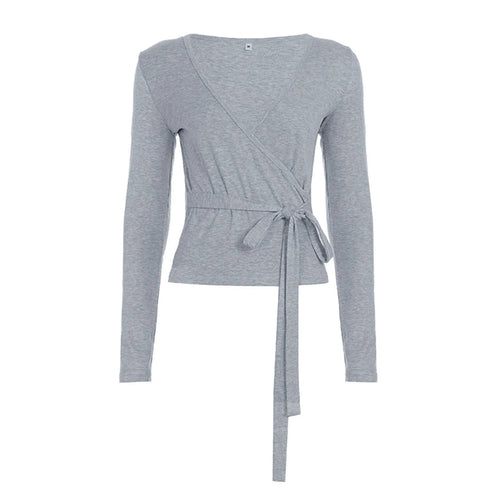 Load image into Gallery viewer, y2k Crop Top for Women Aesthetic Clothes Solid Color V Neck Long Sleeve Wrap Bandage T Shirts 2000s Clothing Streetwear
