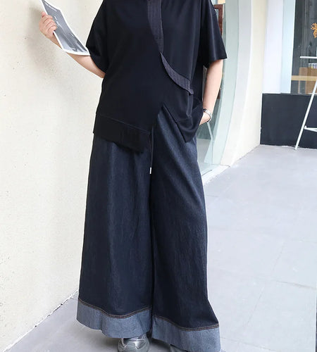 Women Black Hem Slit Irregular Big Size T-shirt New Round Neck Short Sleeve Fashion Tide Spring Summer 2025 1DJ0408