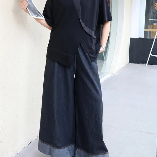 Load image into Gallery viewer, Women Black Hem Slit Irregular Big Size T-shirt New Round Neck Short Sleeve Fashion Tide Spring Summer 2025 1DJ0408
