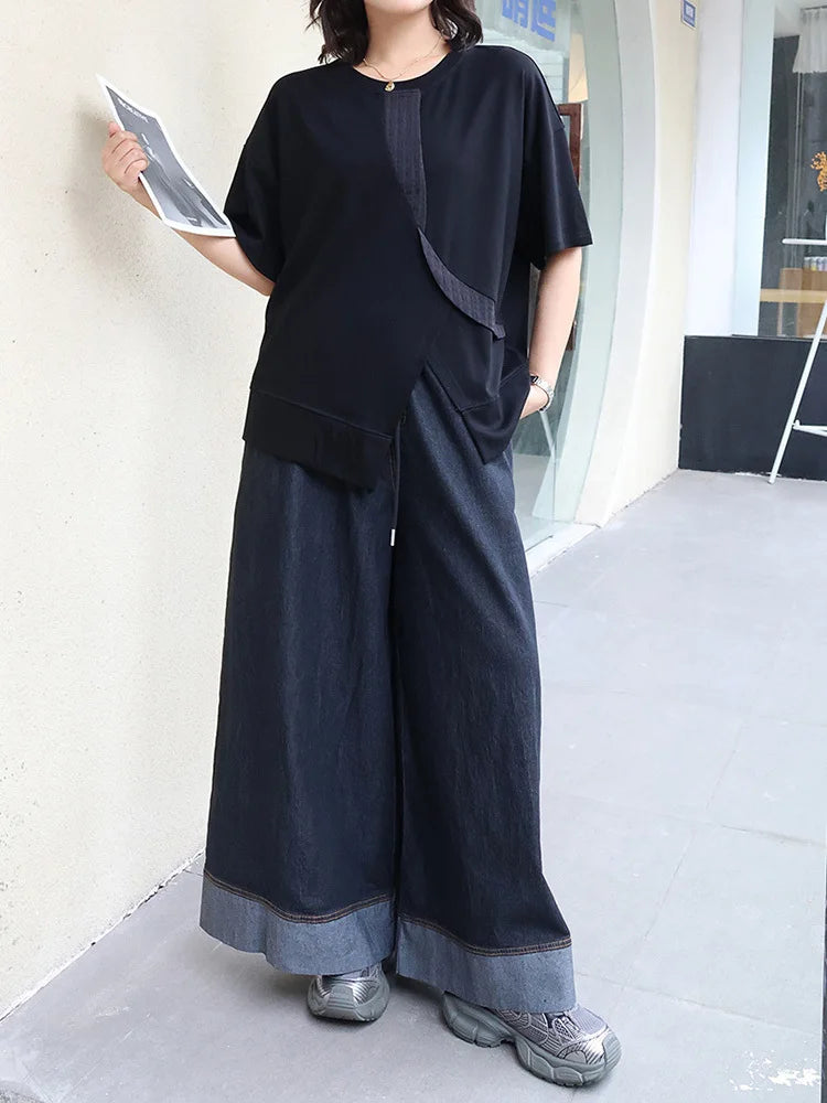 Women Black Hem Slit Irregular Big Size T-shirt New Round Neck Short Sleeve Fashion Tide Spring Summer 2025 1DJ0408