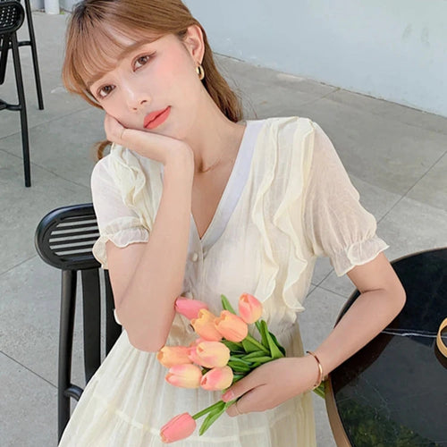 Load image into Gallery viewer, French Style V-neck Ruffles Chiffon Female Dresses Elegant Solid Color Princess Sleeve High Waist Slim Streetwear Outfits
