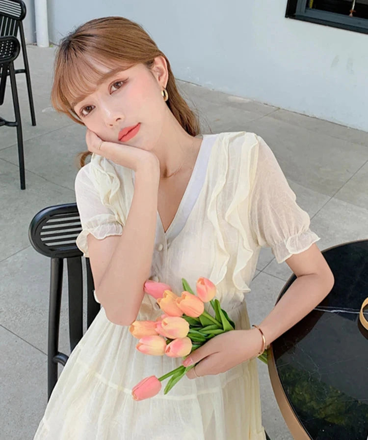 French Style V-neck Ruffles Chiffon Female Dresses Elegant Solid Color Princess Sleeve High Waist Slim Streetwear Outfits