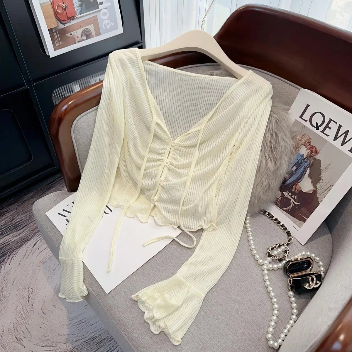 Summer Fashion 2025 New Yellow Pink V Neck Single Breasted Pleated Shirt Women White Slim Flared Long Sleeves Lace-up Tops Trend