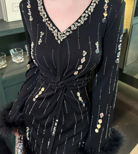 Slimming Spliced Bead Lusurious Dresses for Women V Neck Long Sleeves Tunic Split Patchwork Feathers Dress Female