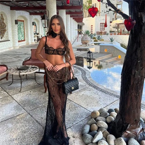 Load image into Gallery viewer, See Through Lace Two Piece Skirt Sets Women Crop Top And Maxi Skirt Sets Elegant Party Beach Sexy Two Piece Set
