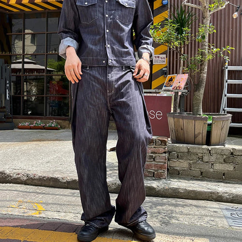 Load image into Gallery viewer, Niche Design Men&#39;s Two-piece Sets Turn-down Collar Single Breasted Denim Jackets Straight Wide Leg Solid Color Jeans 9C8988
