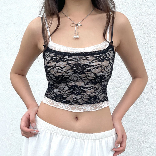 Load image into Gallery viewer, Fashion Strap Black White Lace Top Camisole Transparent Skinny Sexy Party Crop Tops Women Summer Contrast Color Retro
