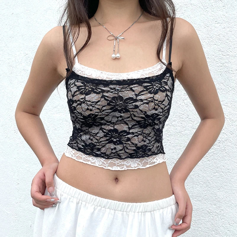 Fashion Strap Black White Lace Top Camisole Transparent Skinny Sexy Party Crop Tops Women Summer Contrast Color Retro