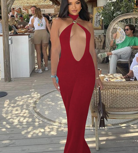 Halter Solid Sleeveless Backless Hollow Out Sexy Bodycon Maxi Dress Summer Women Fashion Y2K Outfits Streetwear Party