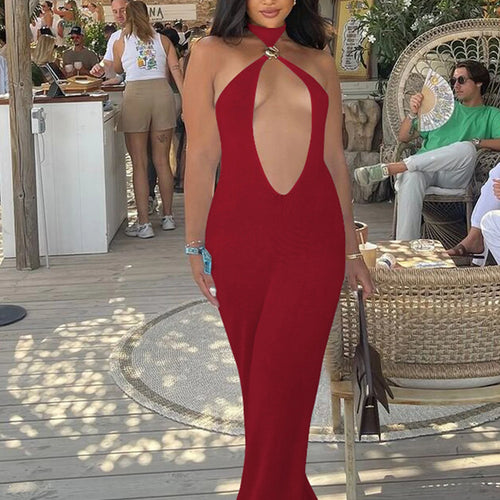 Load image into Gallery viewer, Halter Solid Sleeveless Backless Hollow Out Sexy Bodycon Maxi Dress Summer Women Fashion Y2K Outfits Streetwear Party
