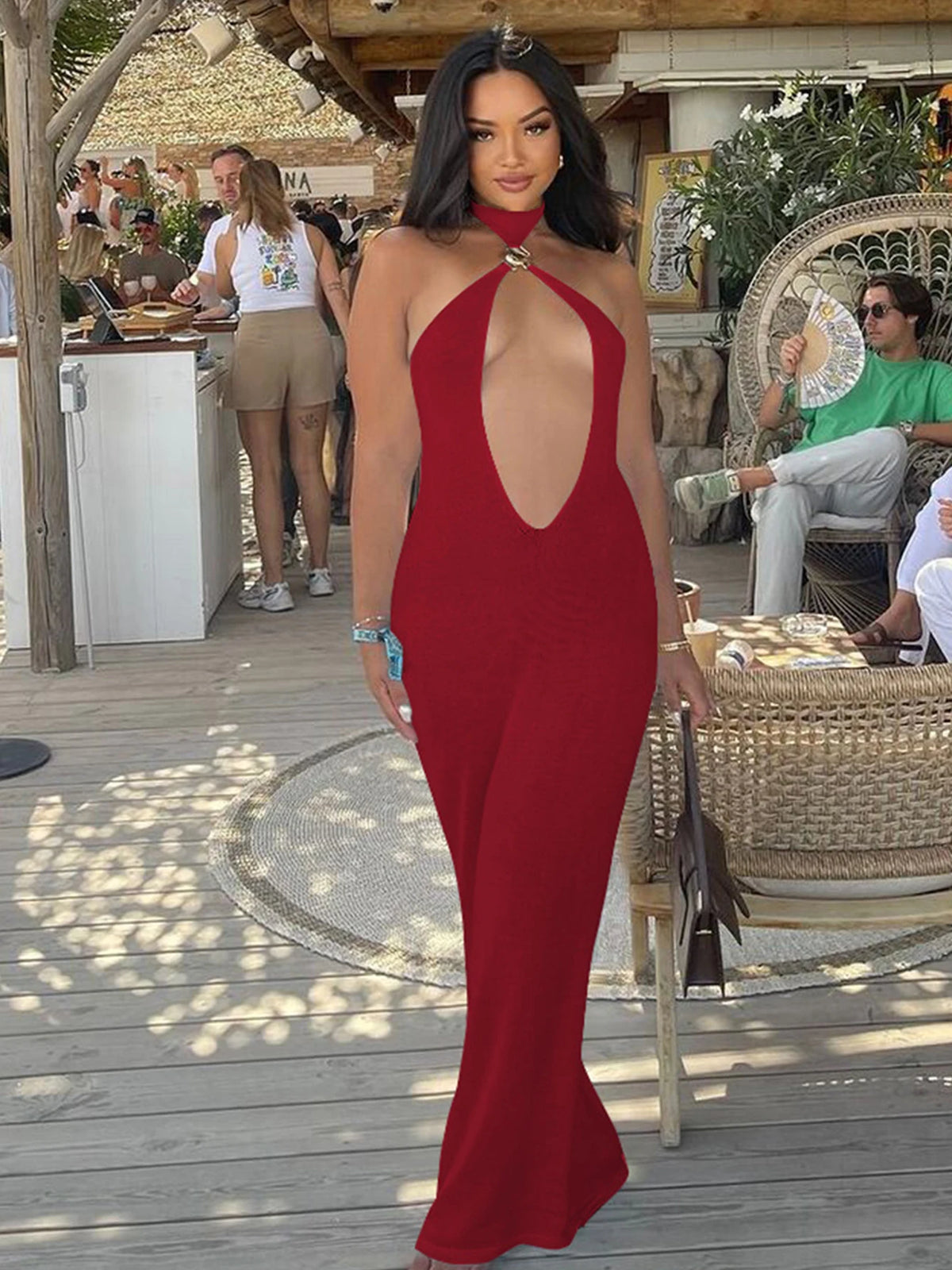 Halter Solid Sleeveless Backless Hollow Out Sexy Bodycon Maxi Dress Summer Women Fashion Y2K Outfits Streetwear Party