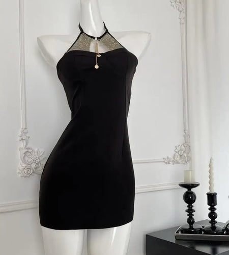 Summer 2024 Black Patchwork Lace Sleeveless Backless Elegant Sexy Club Halter Short Dress Women Festival Hollow Out  Party Dress