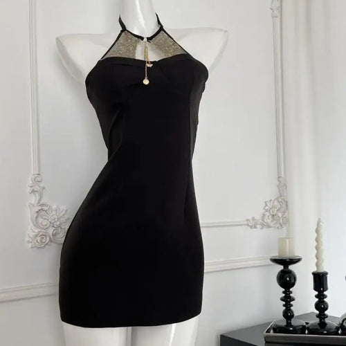 Load image into Gallery viewer, Summer 2024 Black Patchwork Lace Sleeveless Backless Elegant Sexy Club Halter Short Dress Women Festival Hollow Out  Party Dress
