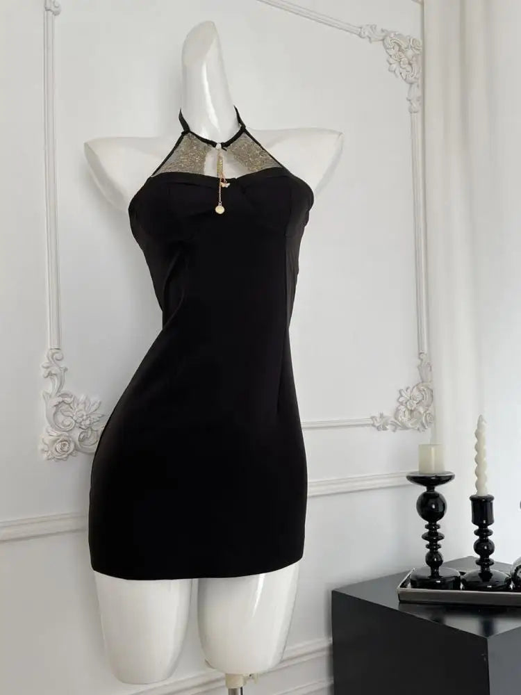 Summer 2024 Black Patchwork Lace Sleeveless Backless Elegant Sexy Club Halter Short Dress Women Festival Hollow Out  Party Dress