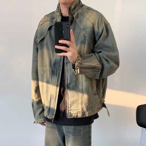 Load image into Gallery viewer, High Street Men&#39;s Denim Jackets Zipper Patchwork Casual Worn-out Washing Stand Collar Male Coats New Autumn Fashion 9C6718
