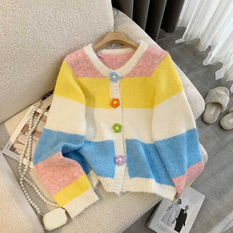 Autumn Winter Sweet Vintage Rainbow Striped V-neck Cardigan Long Sleeve Sweater Woman Elegant Festival Single Breasted Knit Tops