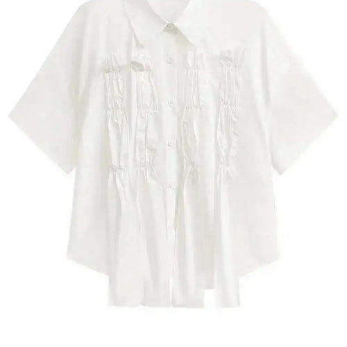 Load image into Gallery viewer, Women White Irregular Pleated Ribbons Big Size Blouse New Lapel Short Sleeve Shirt Fashion Tide Spring Summer 2025 1DH6566
