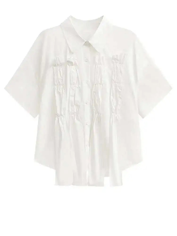 Women White Irregular Pleated Ribbons Big Size Blouse New Lapel Short Sleeve Shirt Fashion Tide Spring Summer 2025 1DH6566