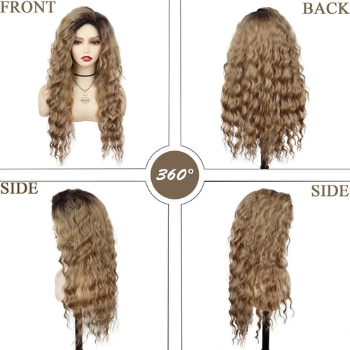 Load image into Gallery viewer, Synthetic Long Wave Wig for Woman Natural Brown Wig with Clip Free Part Side Bangs 80s Curly Wigs for Women Ombre Wig
