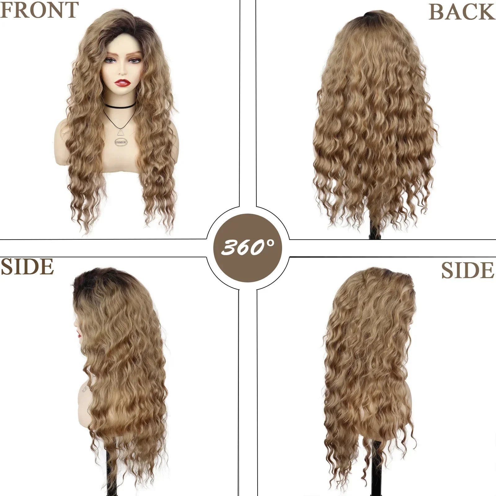 Synthetic Long Wave Wig for Woman Natural Brown Wig with Clip Free Part Side Bangs 80s Curly Wigs for Women Ombre Wig