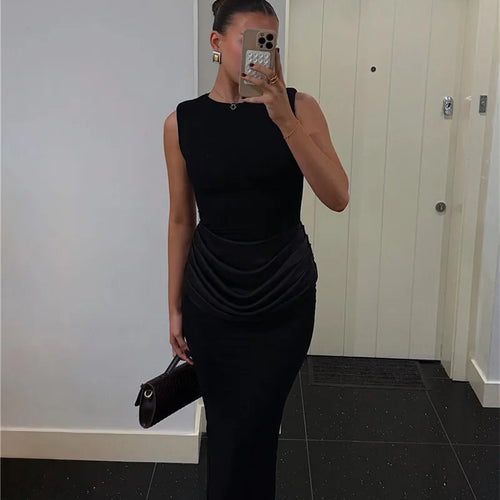 Load image into Gallery viewer, Sleeveless Ruched Sexy Maxi Dress For Women Gown Fashion Black O Neck High Waist Bodycon Club Party Long Dress Vestido
