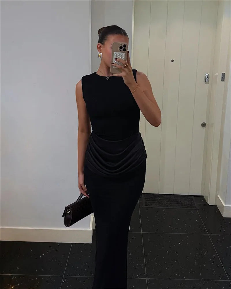 Sleeveless Ruched Sexy Maxi Dress For Women Gown Fashion Black O Neck High Waist Bodycon Club Party Long Dress Vestido