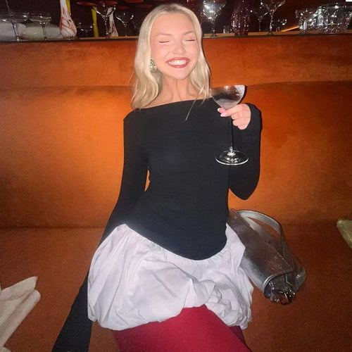 Load image into Gallery viewer, Patchwork Long Sleeve Sexy Mini Dress For Women Color Contrast High Waist A-line Club Party Sexy Puffy Dress Elegant
