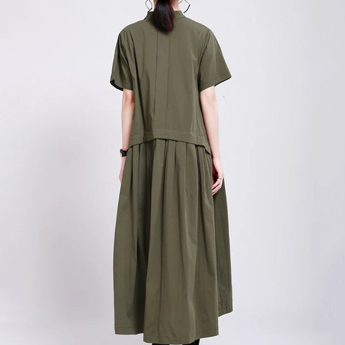 Load image into Gallery viewer, Women Army Green Pleated Elegant Long Shirt Dress New Stand Collar Short Sleeve Fashion Tide Spring Summer 2025 1DE8985
