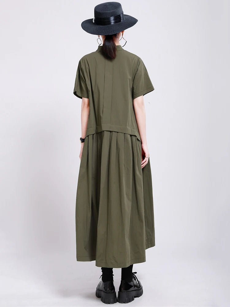 Women Army Green Pleated Elegant Long Shirt Dress New Stand Collar Short Sleeve Fashion Tide Spring Summer 2025 1DE8985