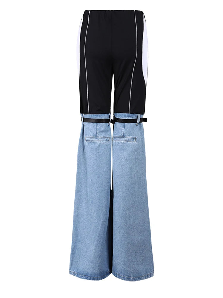 High Waist Blue Denim Color-block Slim Long Wide Leg Jeans New Women Trousers Fashion Tide Spring Autumn 2025 YX018105